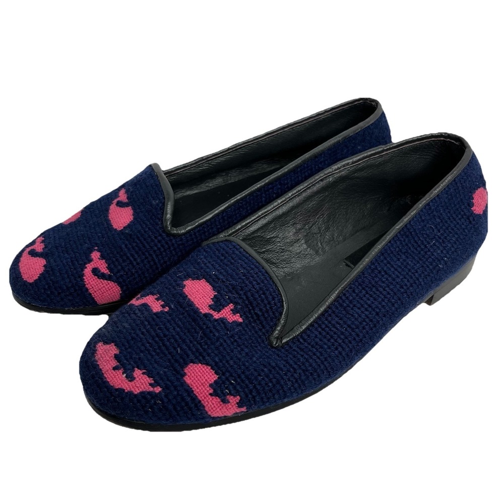By Paige Needlepoint Navy Blue Women's 6 Wool Flats Pink Whale Nautical Preppy